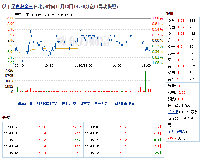 11月13日青岛金王盘中快速上涨，5分钟内涨幅超过2% 