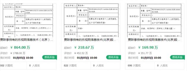 贾跃亭所持乐视网股票将于明年1月5日进行网拍 起拍价1252. 65 万元
